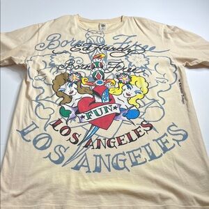 Ed Hardy Cream Graphic Tee with Colorful Design